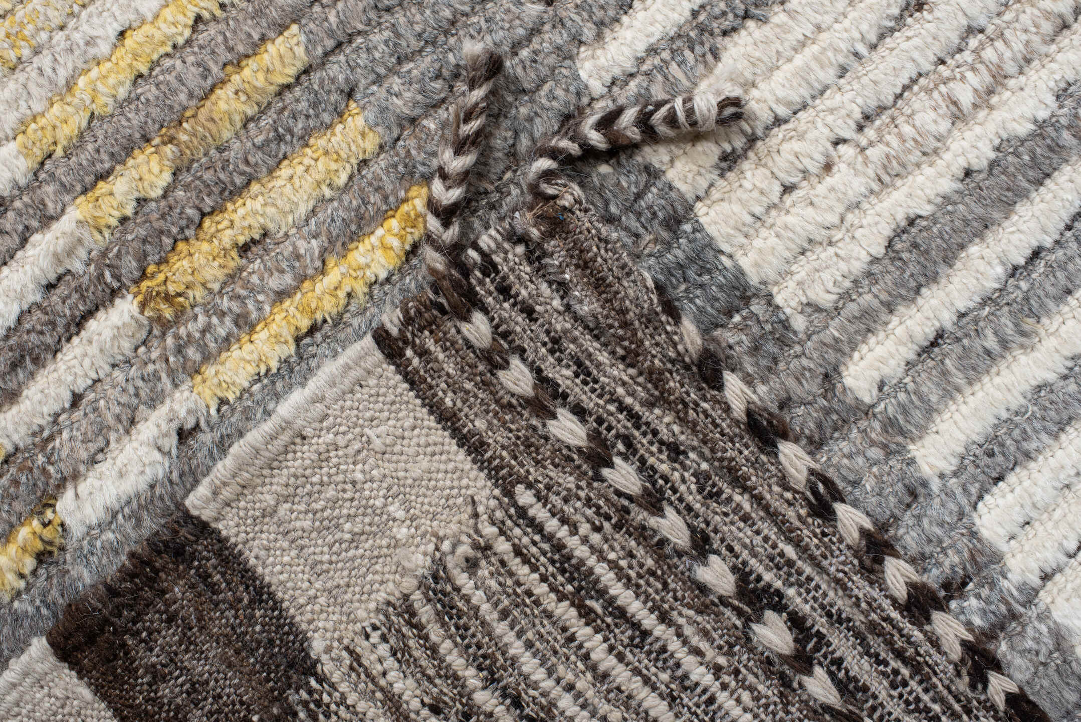 12' x 15' one-of-a-kind handmade vintage Tulu oversize rug. Color palette: ivory, gray, charcoal, gold, taupe, black, beige