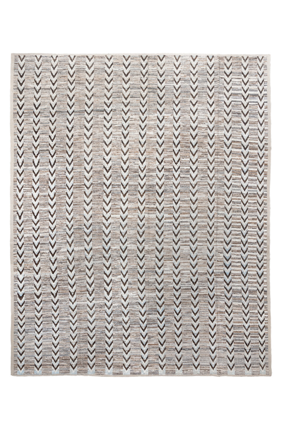 12' x 15' one-of-a-kind handmade vintage Tulu oversize rug. Color palette: gray, pink, black, off-white, light gray, brown