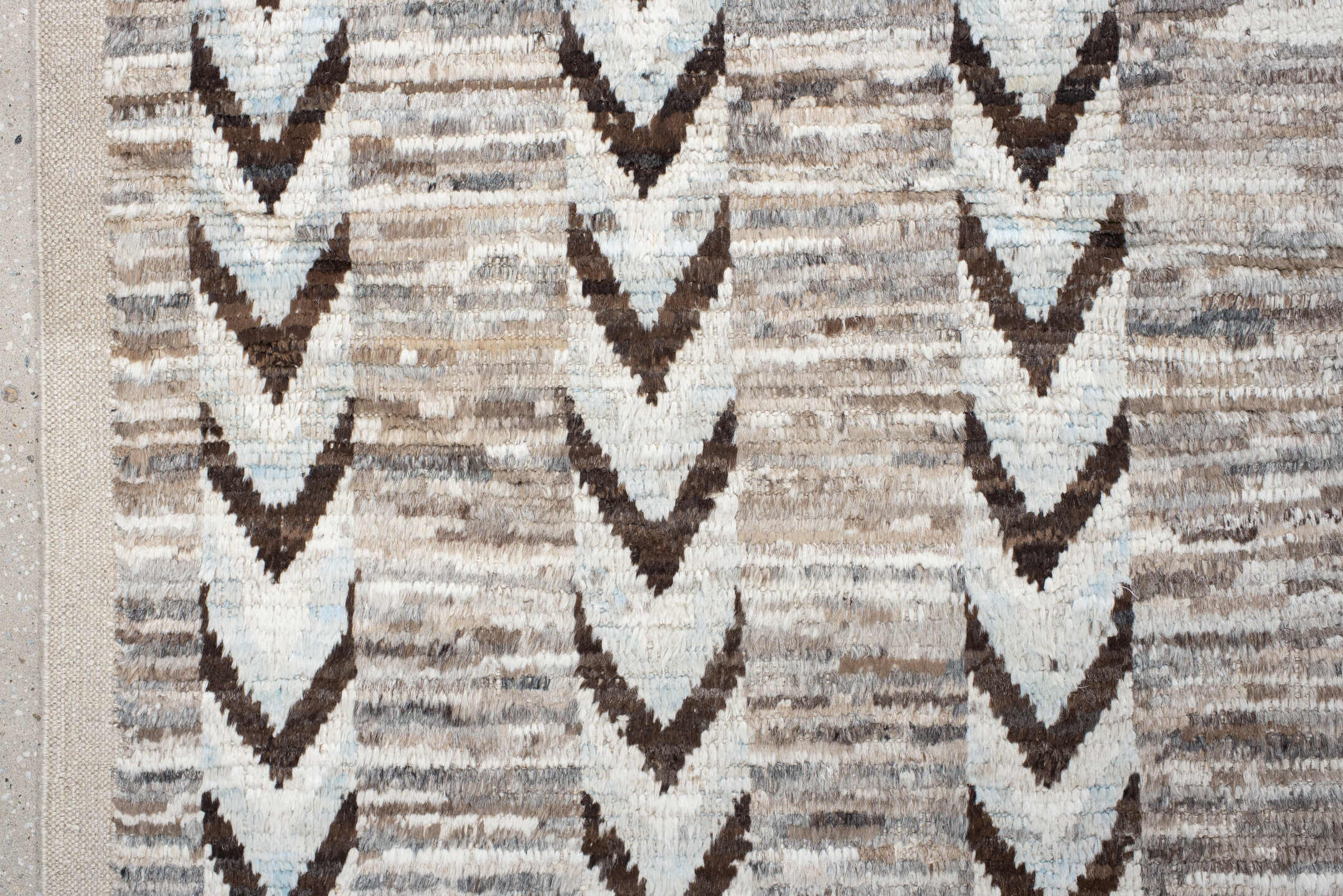 12' x 15' one-of-a-kind handmade vintage Tulu oversize rug. Color palette: ivory, taupe, brown, gray, charcoal, beige, black