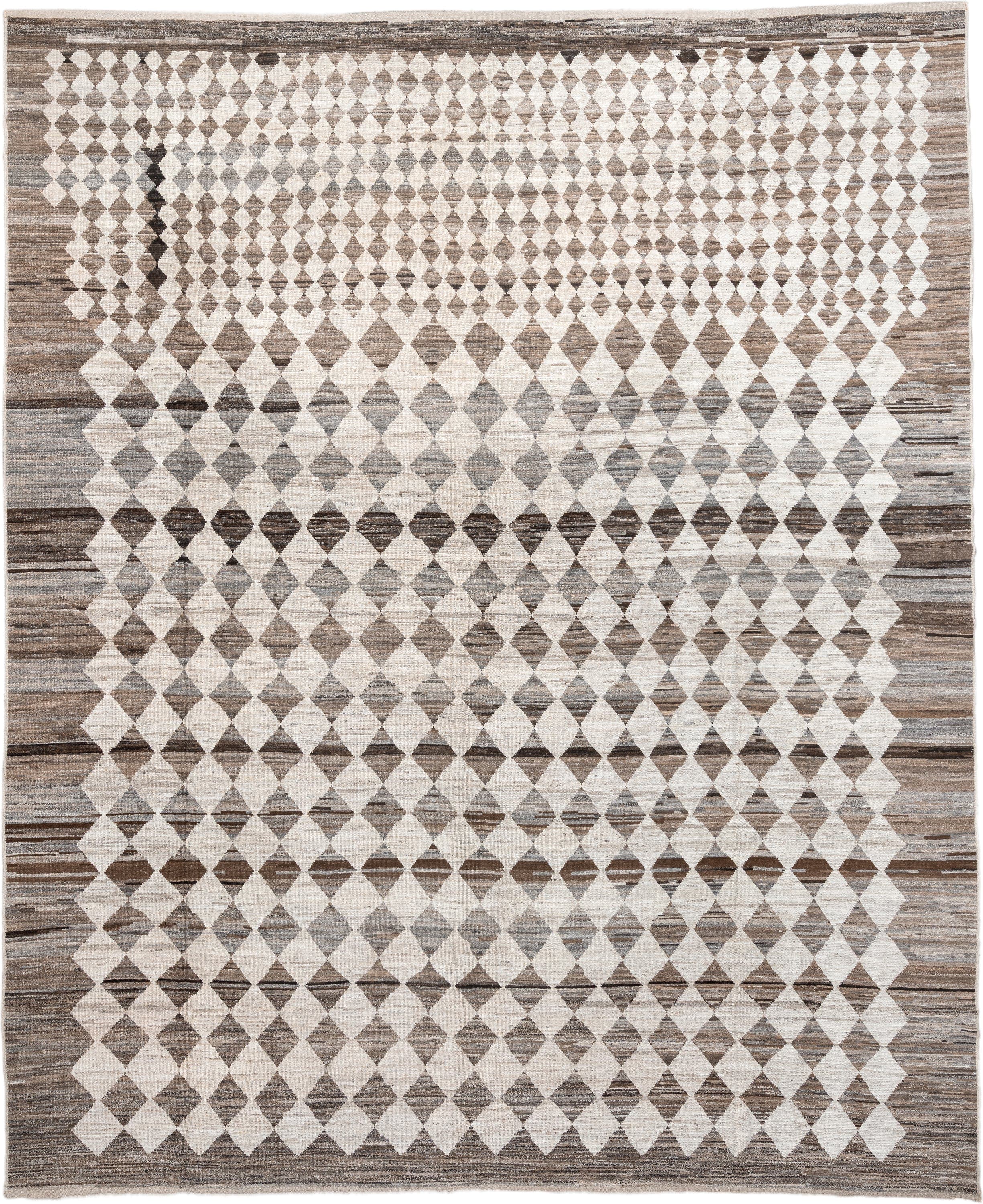12' x 15' one-of-a-kind handmade vintage Tulu oversize rug. Color palette: ivory, taupe, brown, gray, charcoal, beige, black