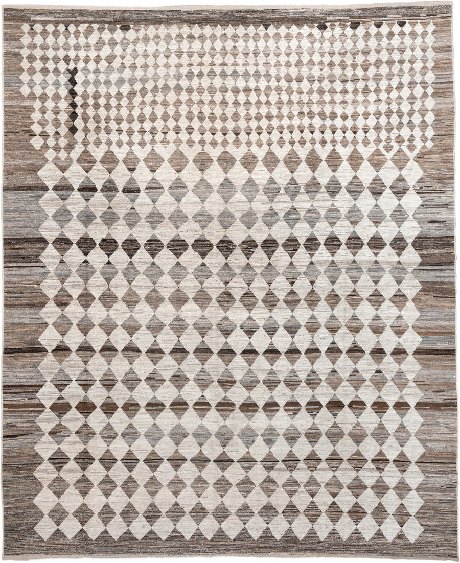 12' x 15' one-of-a-kind handmade vintage Tulu oversize rug. Color palette: ivory, taupe, brown, gray, charcoal, beige, black