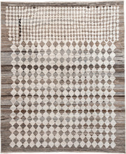 12' x 15' one-of-a-kind handmade vintage Tulu oversize rug. Color palette: ivory, taupe, brown, gray, charcoal, beige, black