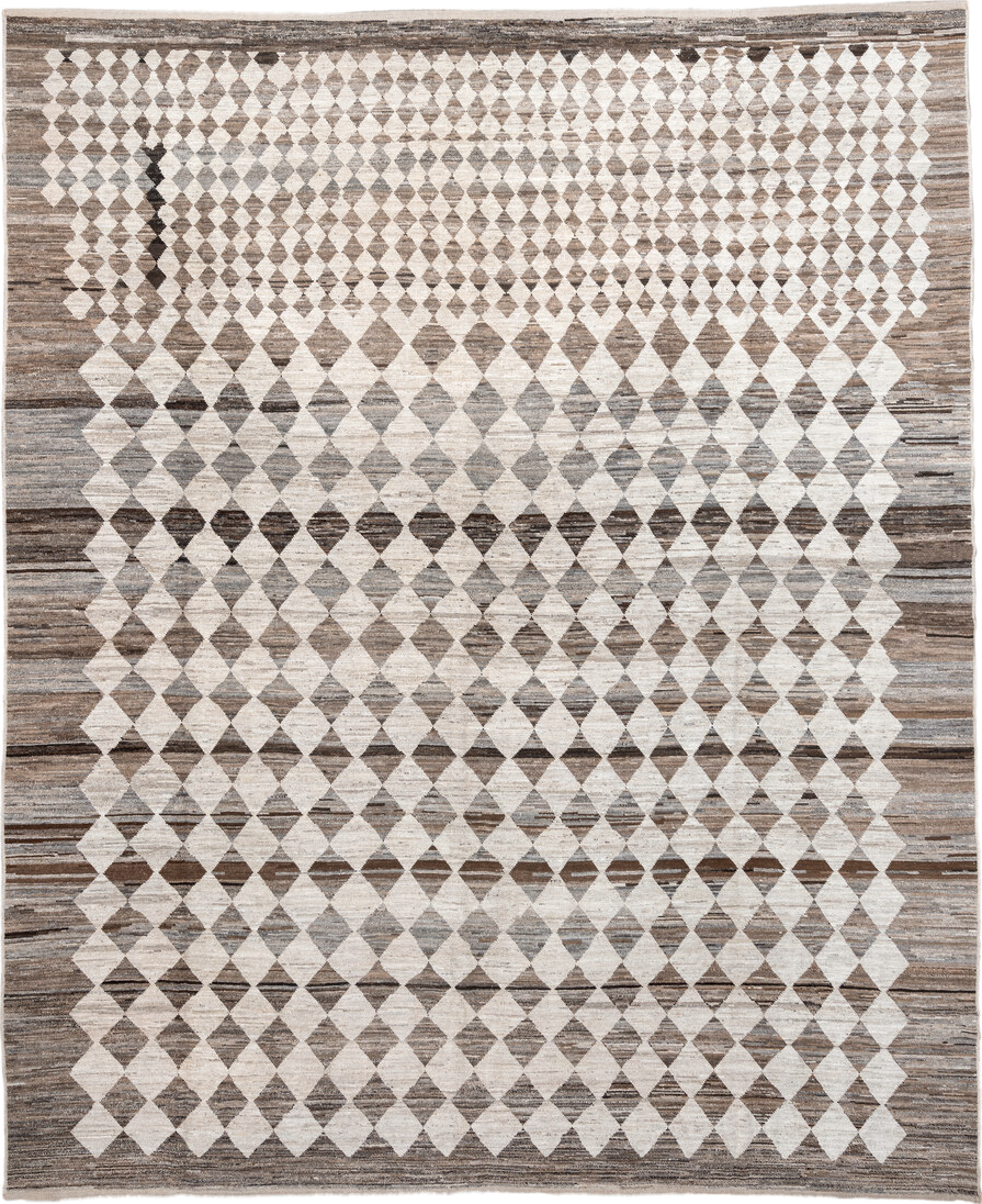 12' x 15' one-of-a-kind handmade vintage Tulu oversize rug. Color palette: ivory, taupe, brown, gray, charcoal, beige, black