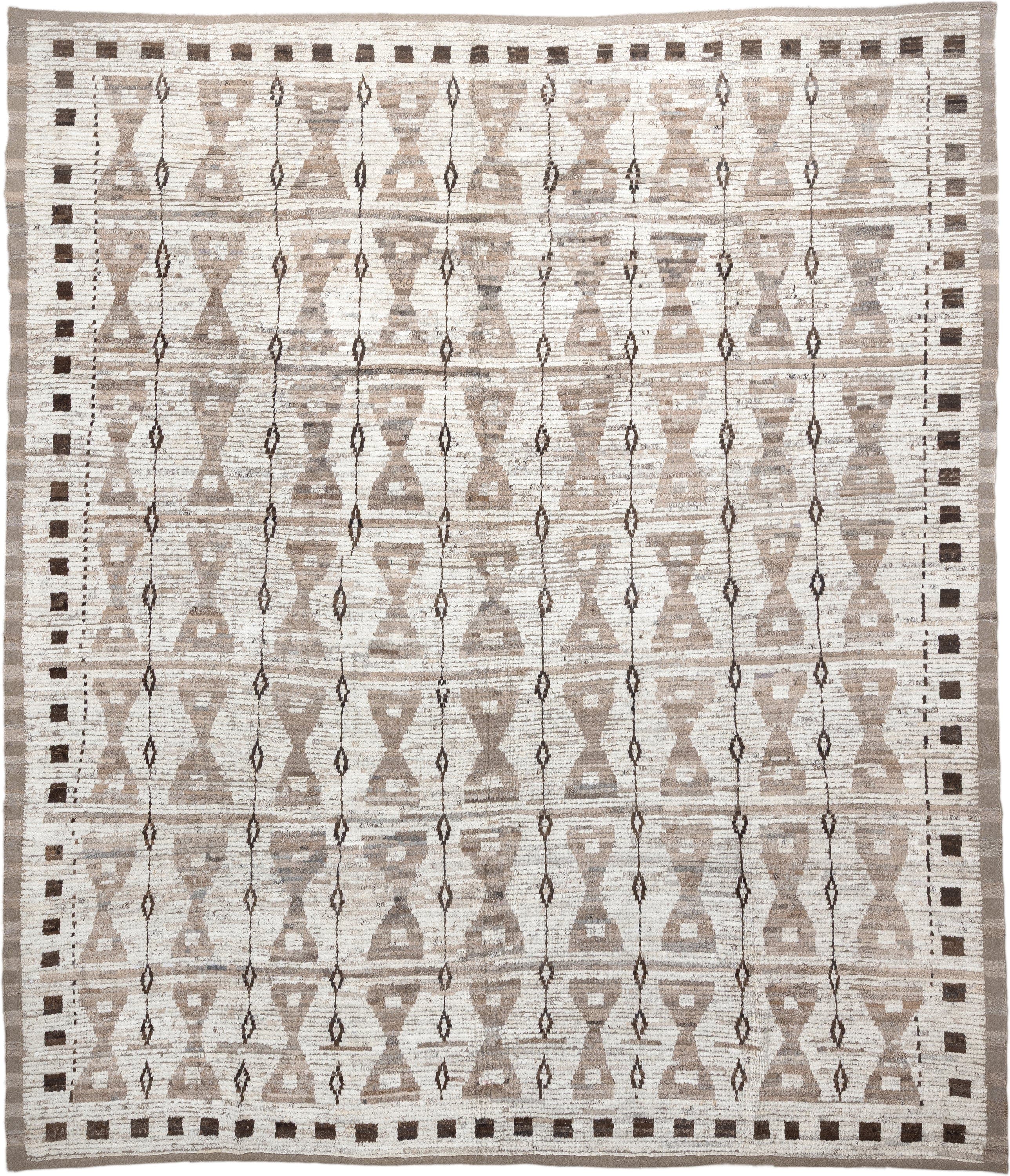 12' x 14' one-of-a-kind handmade vintage Tulu oversize rug. Color palette: ivory, taupe, brown, charcoal, beige, gray, black