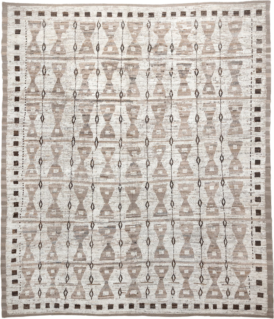 12' x 14' one-of-a-kind handmade vintage Tulu oversize rug. Color palette: ivory, taupe, brown, charcoal, beige, gray, black