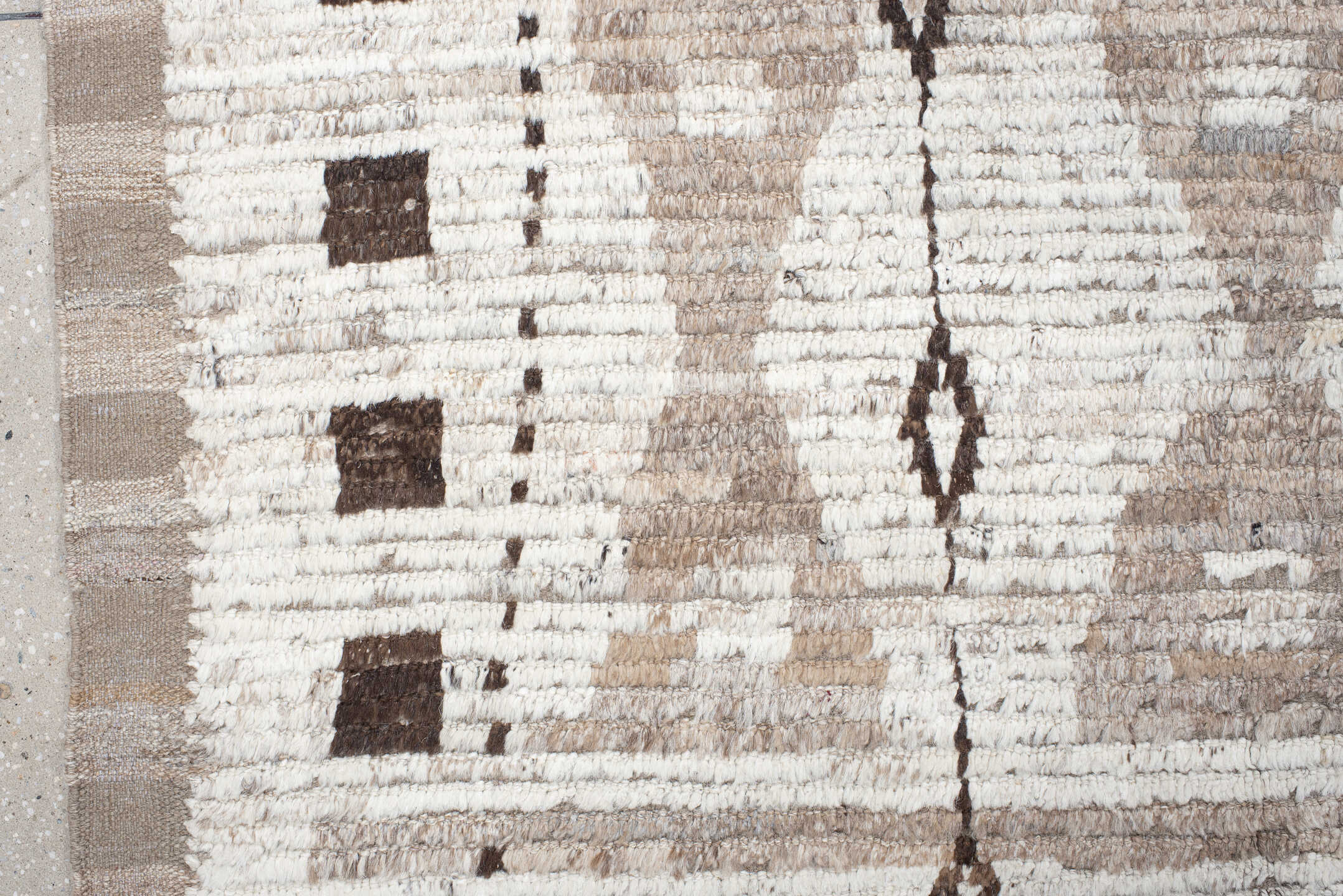 12' x 14' one-of-a-kind handmade vintage Tulu oversize rug. Color palette: ivory, taupe, brown, charcoal, beige, gray, black