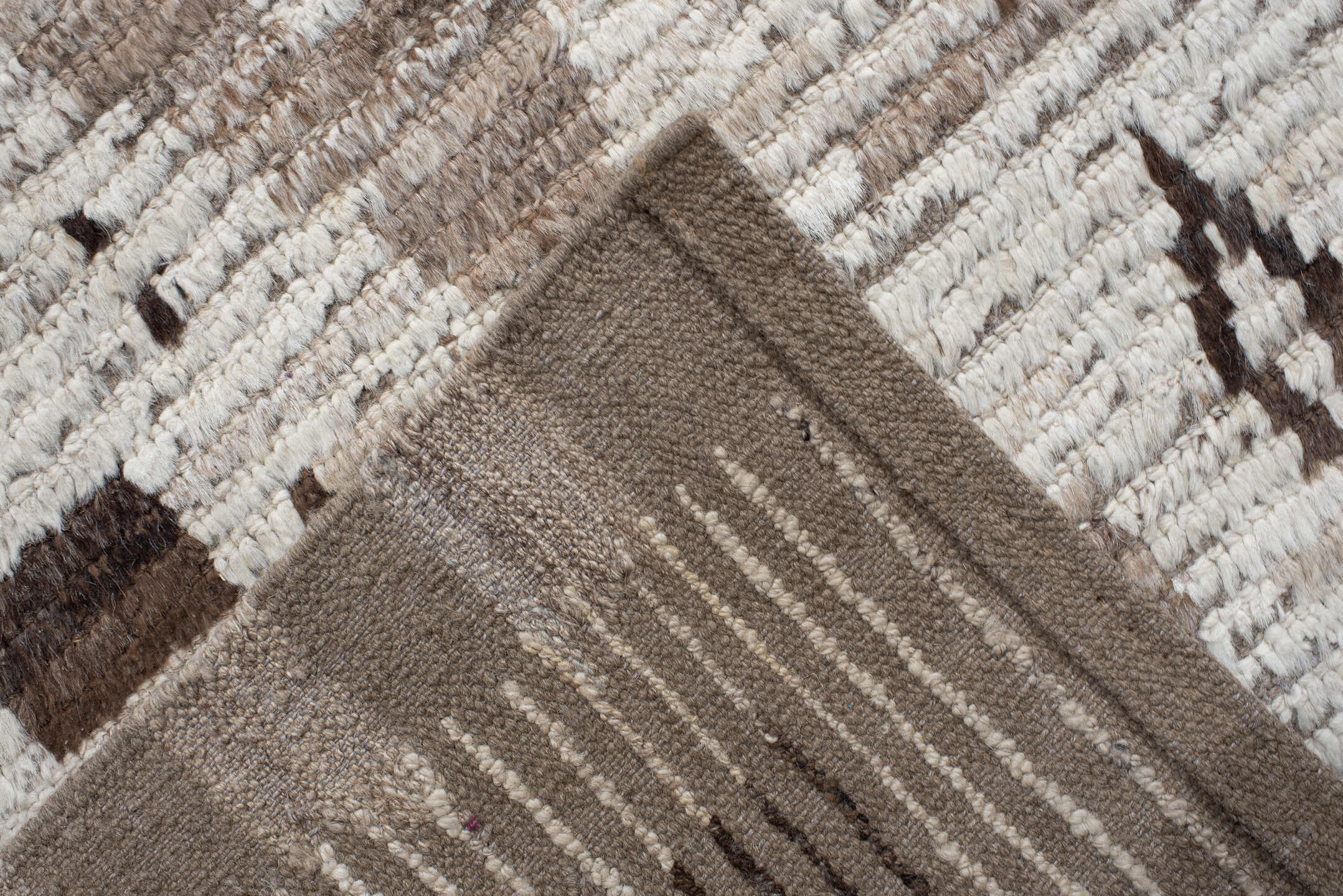 12' x 14' one-of-a-kind handmade vintage Tulu oversize rug. Color palette: ivory, taupe, brown, charcoal, beige, gray, black