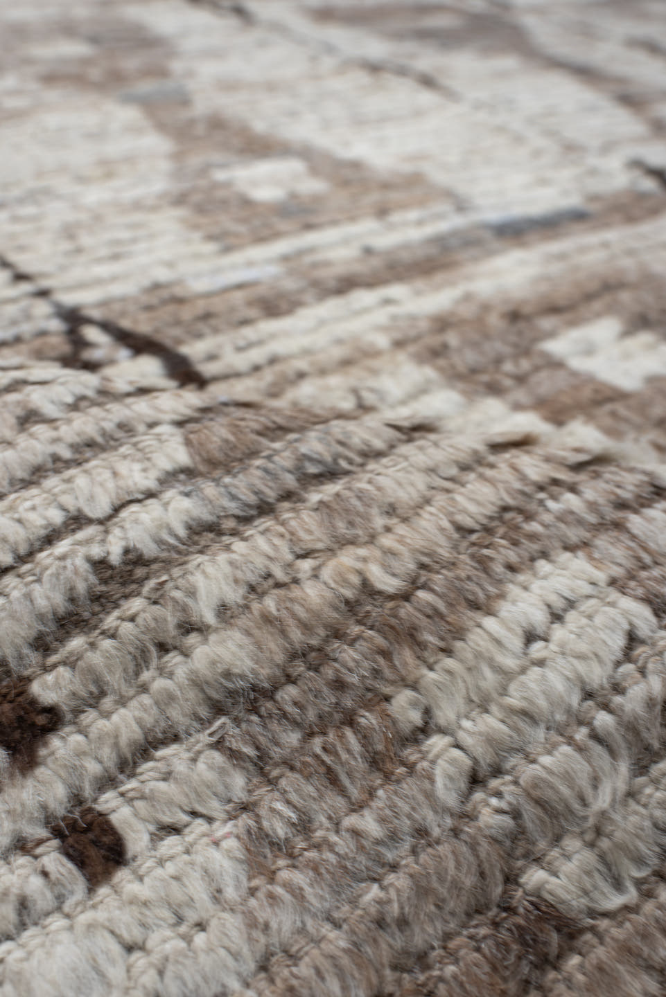 12' x 14' one-of-a-kind handmade vintage Tulu oversize rug. Color palette: ivory, taupe, brown, charcoal, beige, gray, black
