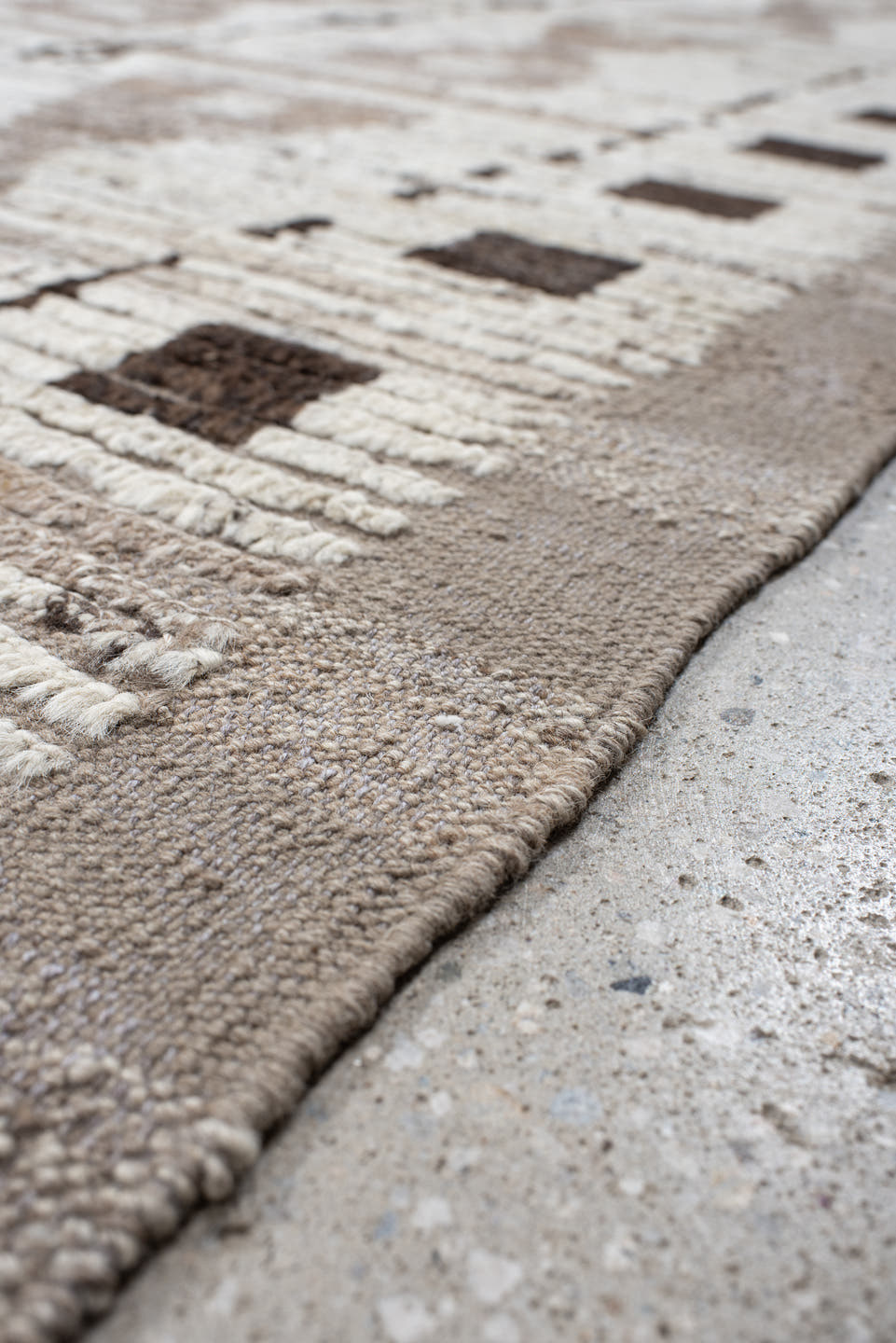 12' x 14' one-of-a-kind handmade vintage Tulu oversize rug. Color palette: ivory, taupe, brown, charcoal, beige, gray, black