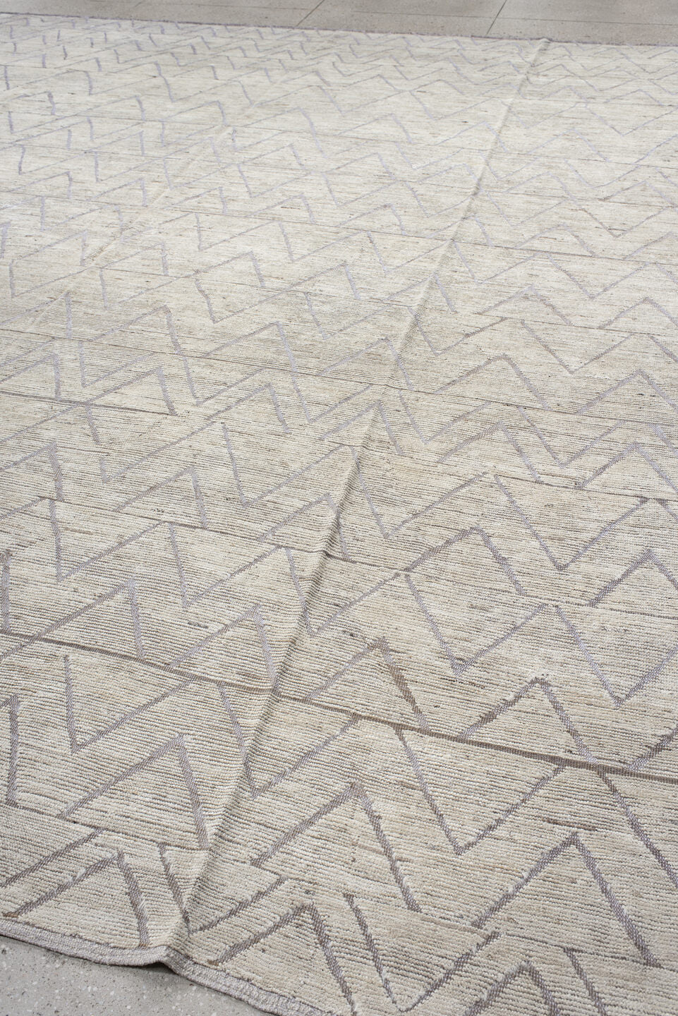 13' x 14' one-of-a-kind handmade vintage Tulu oversize rug. Color palette: ivory, taupe, gray, greige, beige