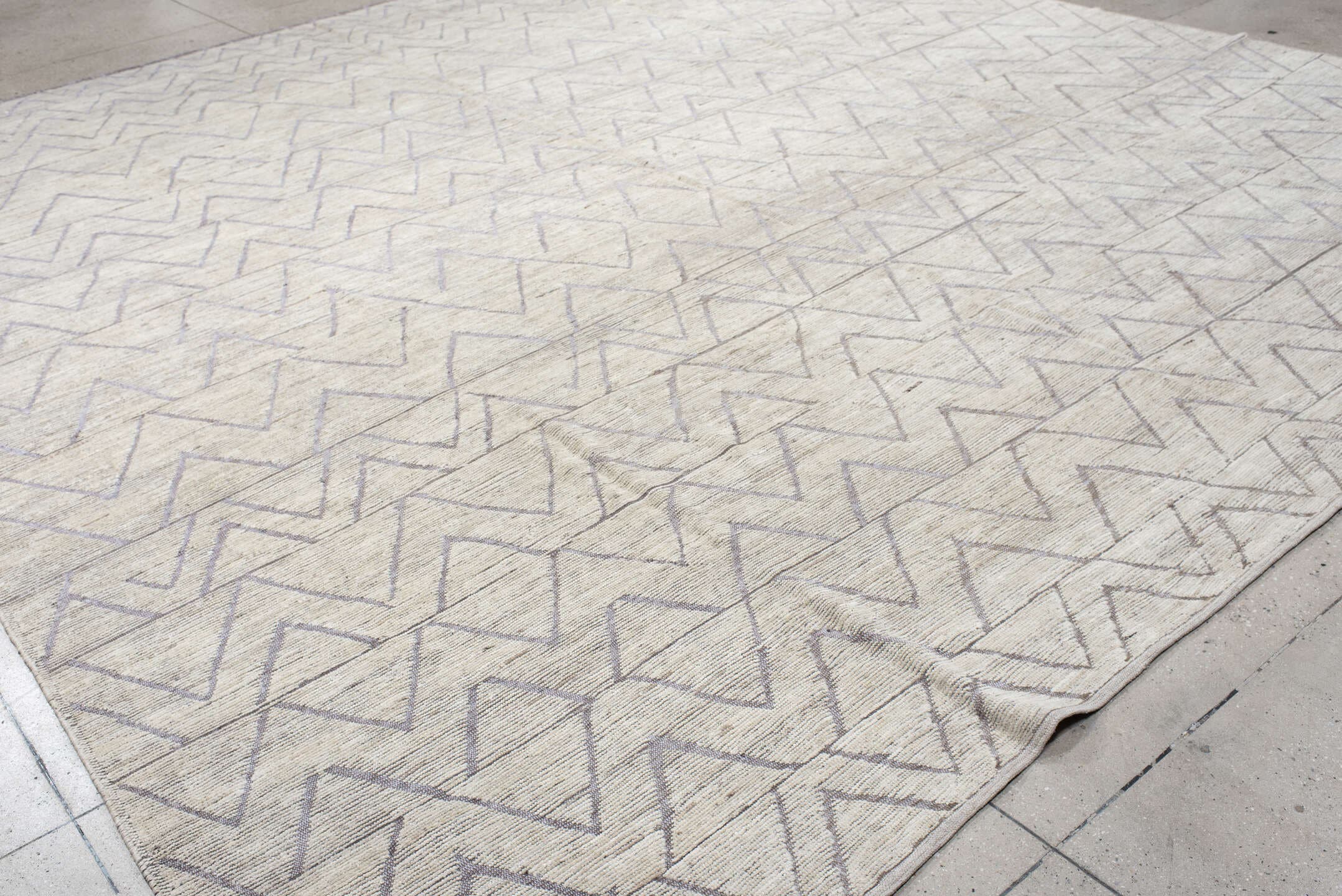 13' x 14' one-of-a-kind handmade vintage Tulu oversize rug. Color palette: ivory, taupe, gray, greige, beige