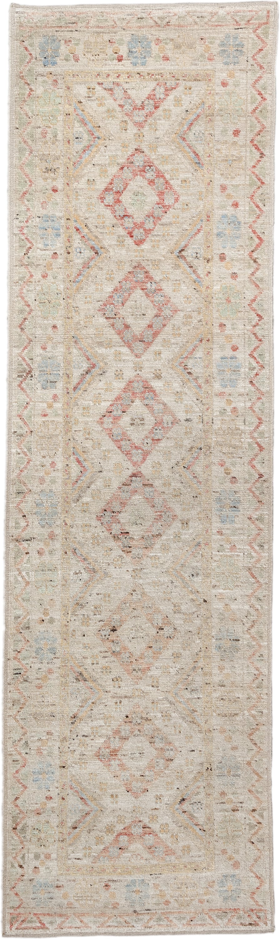 2' x 10' one-of-a-kind handmade vintage Tulu runner rug. Color palette: ivory, blush, pale blue, beige, taupe, sage, camel