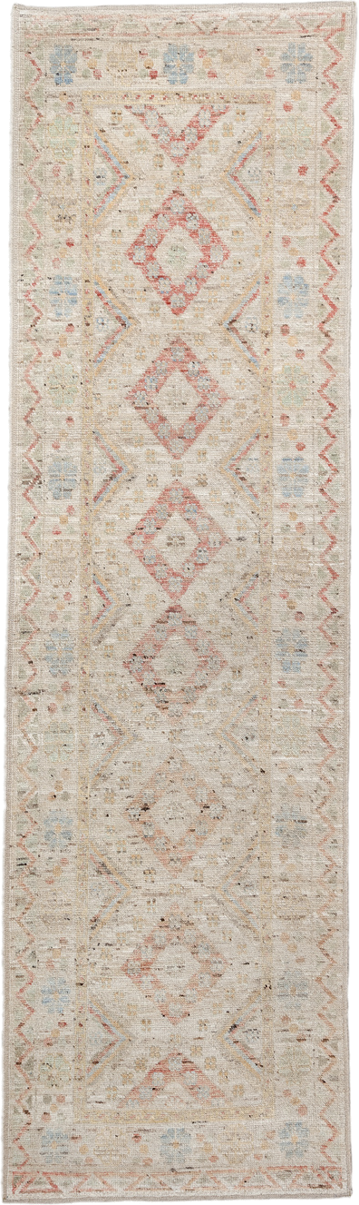 2' x 10' one-of-a-kind handmade vintage Tulu runner rug. Color palette: ivory, blush, pale blue, beige, taupe, sage, camel