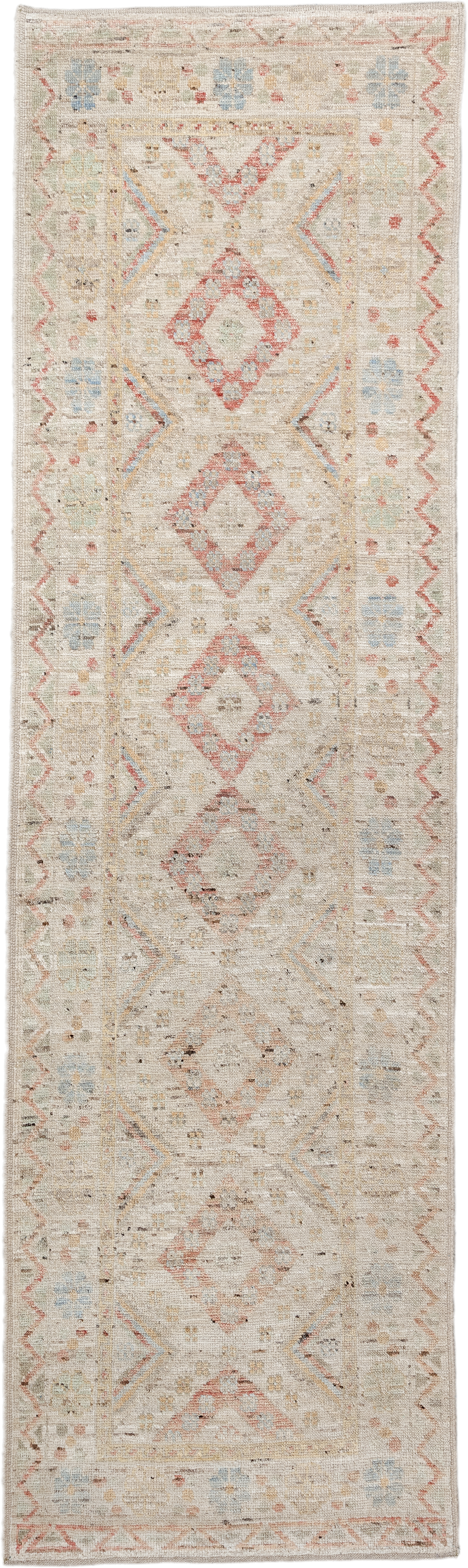 2' x 10' one-of-a-kind handmade vintage Tulu runner rug. Color palette: ivory, blush, pale blue, beige, taupe, sage, camel