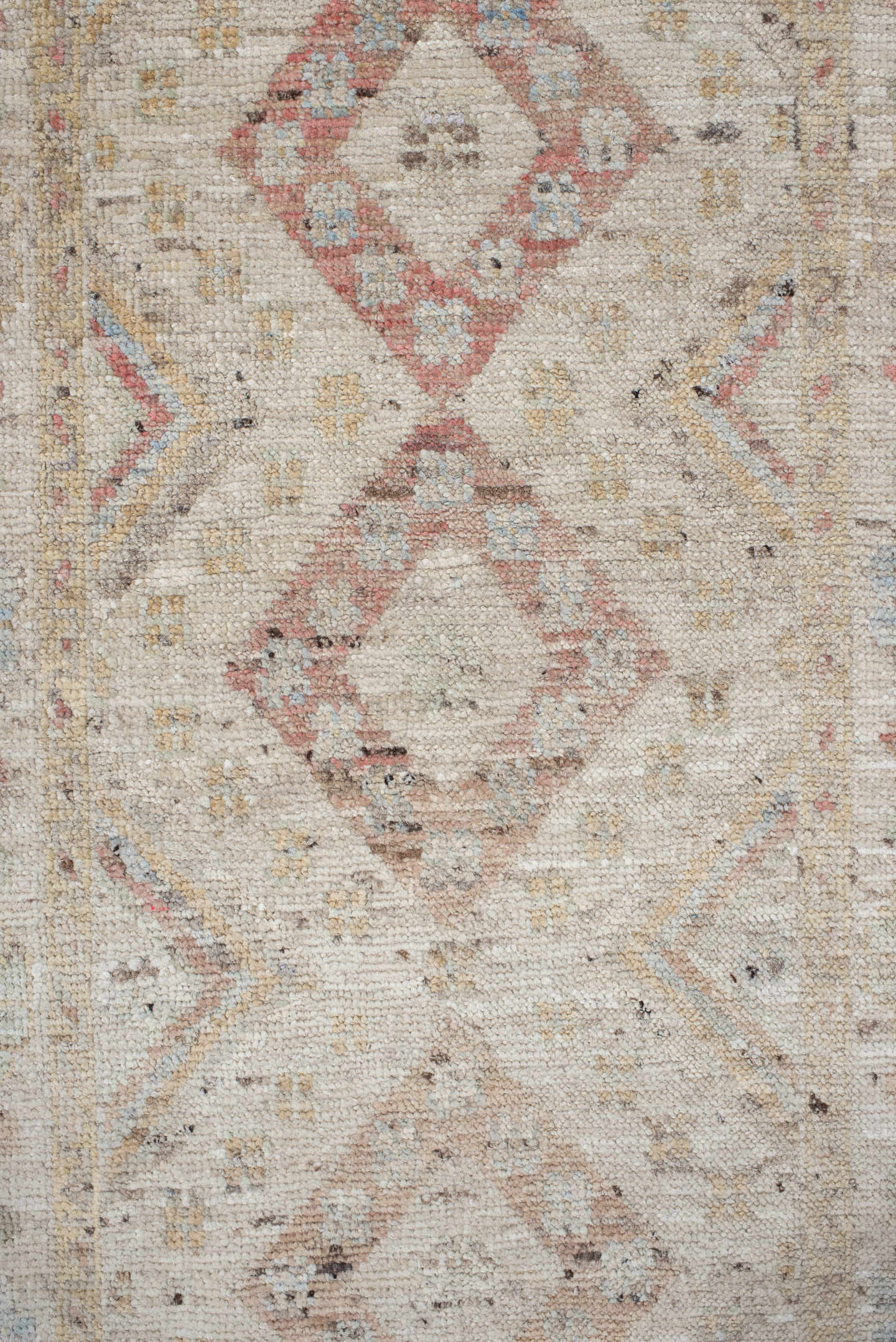 2' x 10' one-of-a-kind handmade vintage Tulu runner rug. Color palette: ivory, blush, pale blue, beige, taupe, sage, camel