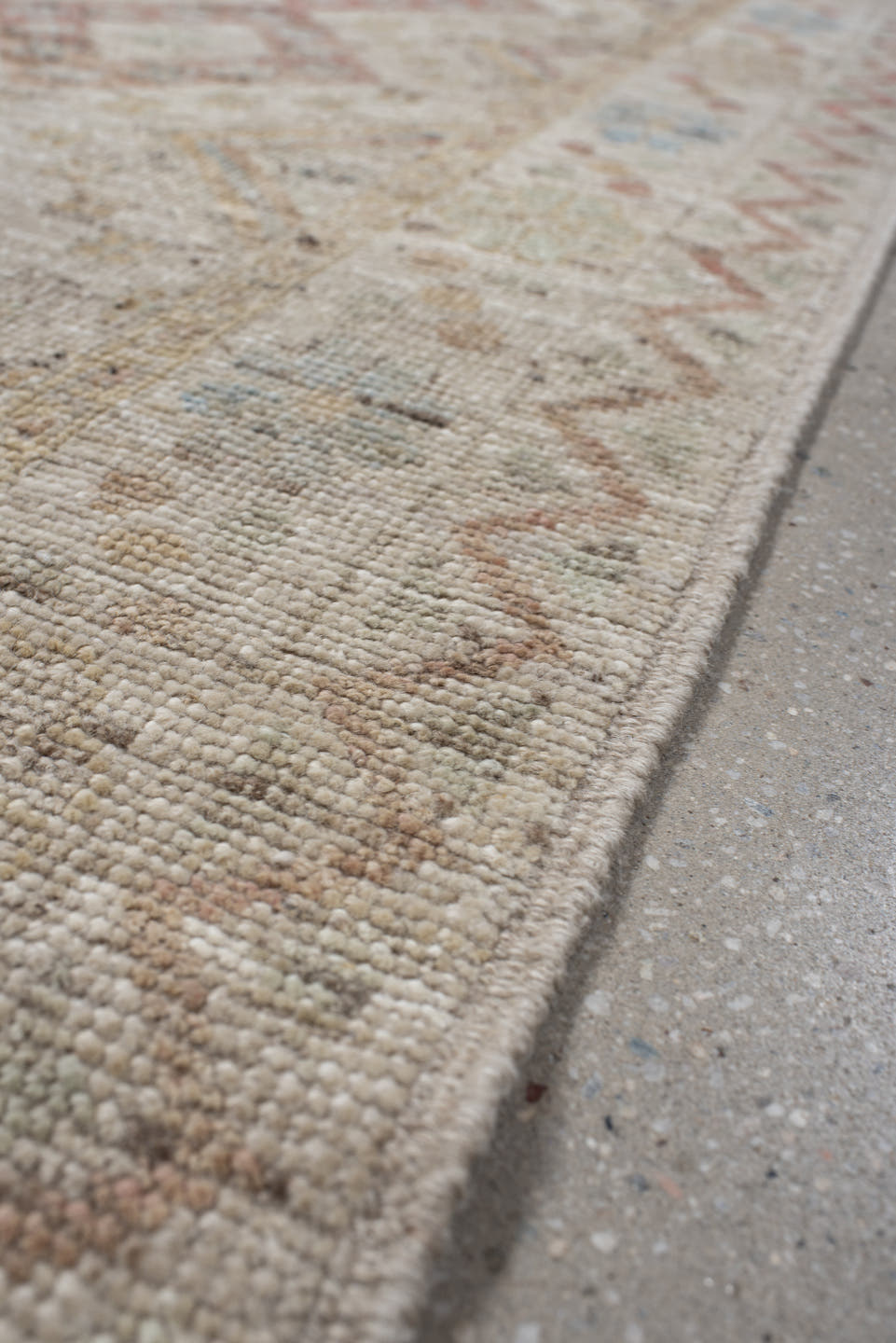 2' x 10' one-of-a-kind handmade vintage Tulu runner rug. Color palette: ivory, blush, pale blue, beige, taupe, sage, camel