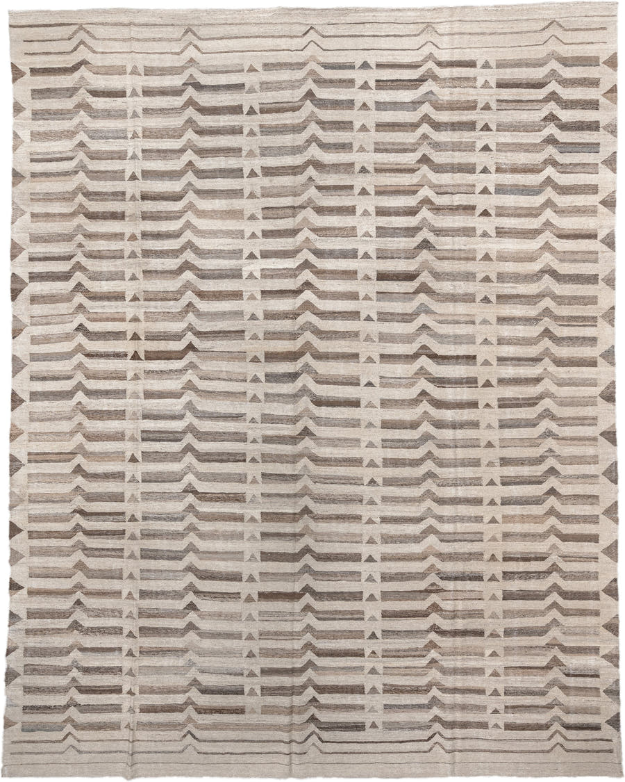 12' x 16' one-of-a-kind handmade vintage Kilim oversize rug. Color palette: ivory, taupe, beige, brown, gray