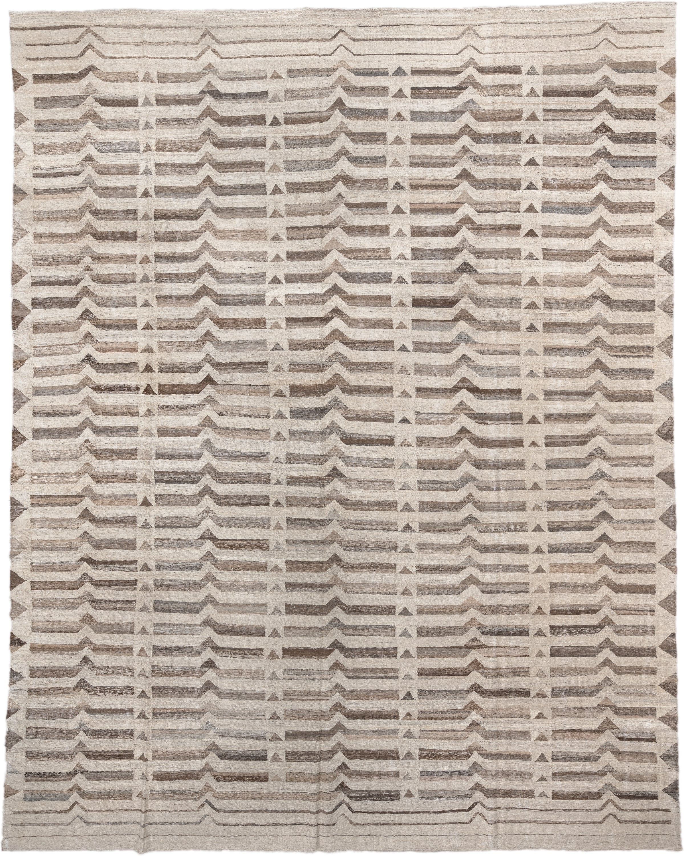 12' x 16' one-of-a-kind handmade vintage Kilim oversize rug. Color palette: ivory, taupe, beige, brown, gray