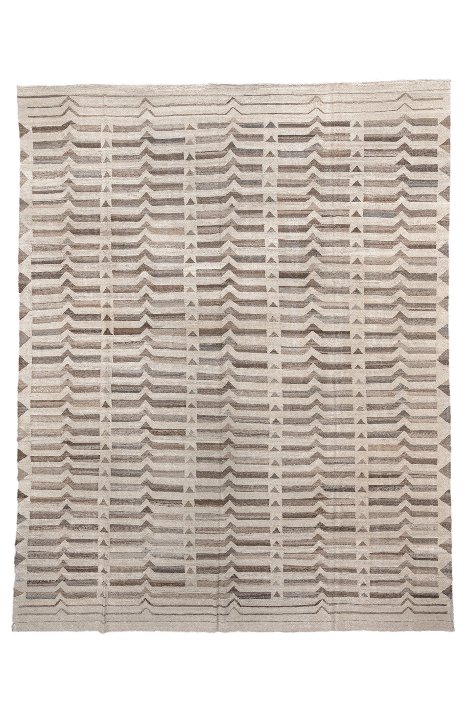 12' x 16' one-of-a-kind handmade vintage Kilim oversize rug. Color palette: gray, light gray, off-white, pink, linen