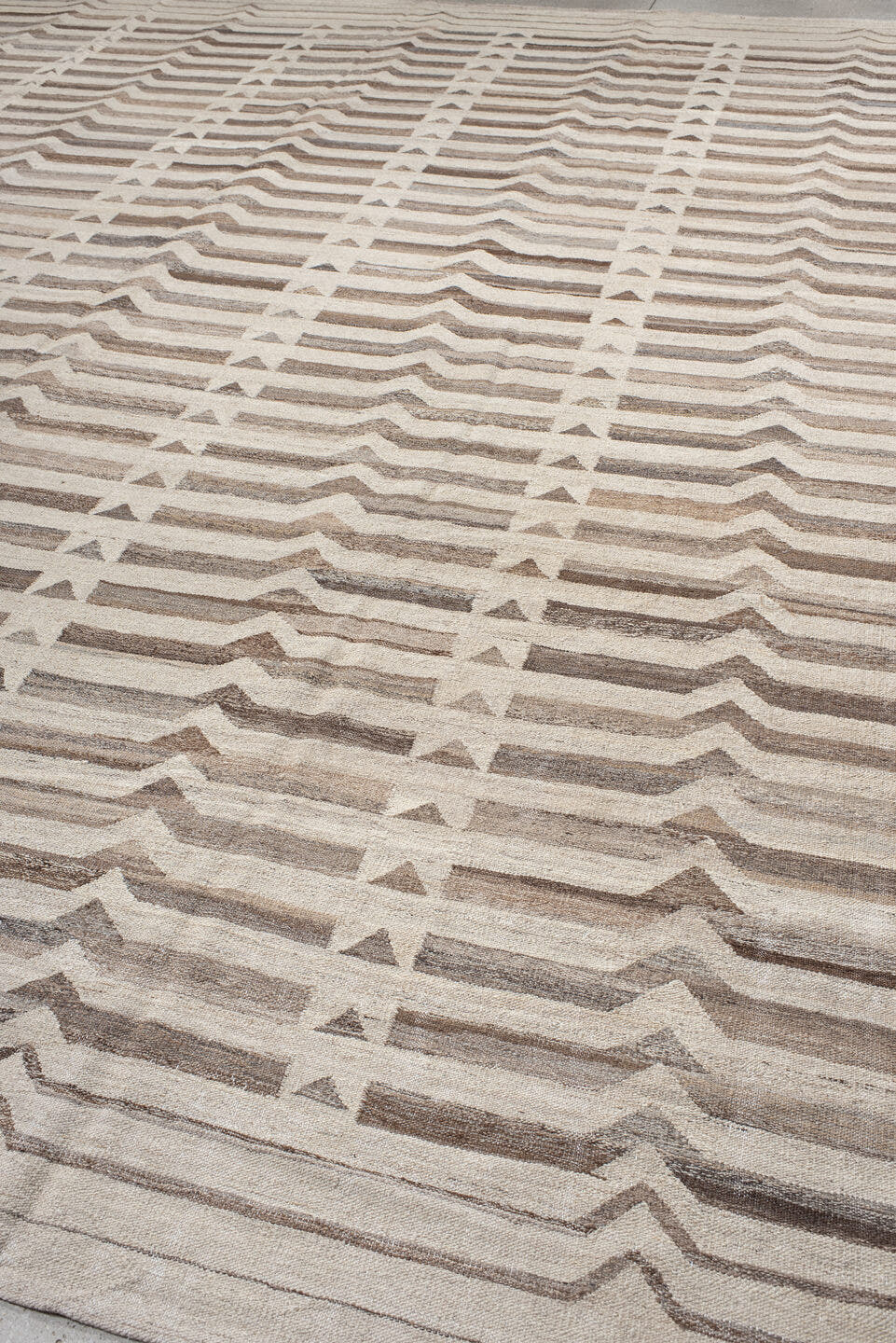 12' x 16' one-of-a-kind handmade vintage Kilim oversize rug. Color palette: ivory, taupe, beige, brown, gray