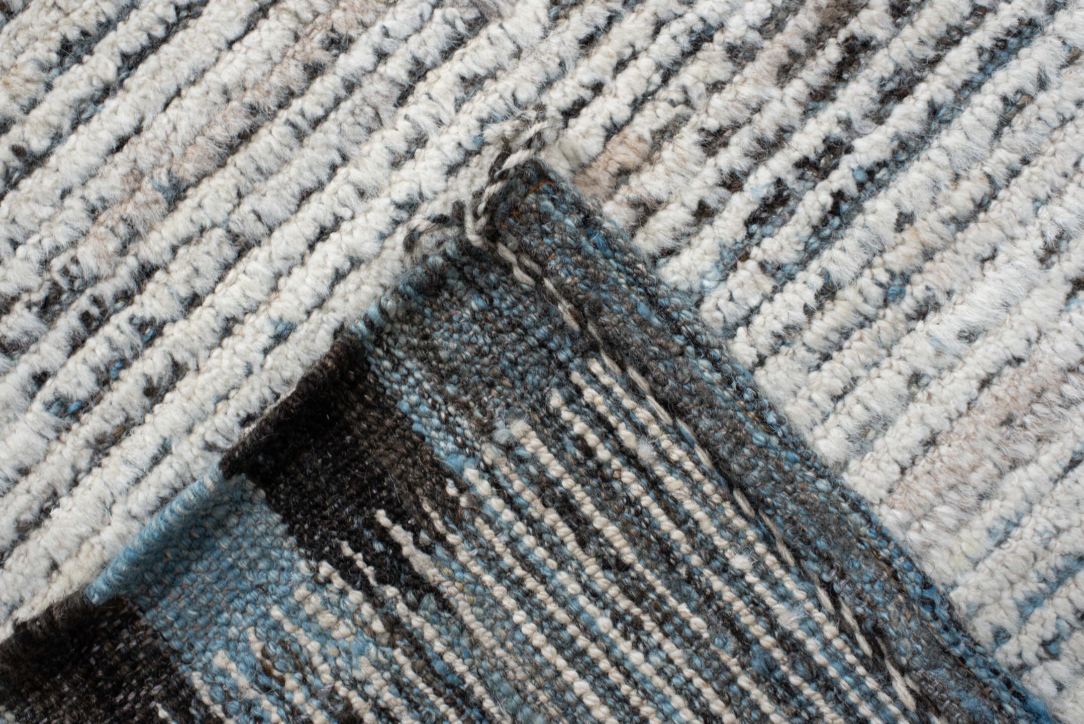 12' x 14' one-of-a-kind handmade vintage Tulu oversize rug. Color palette: ivory, charcoal, slate, sky_blue, gray, black