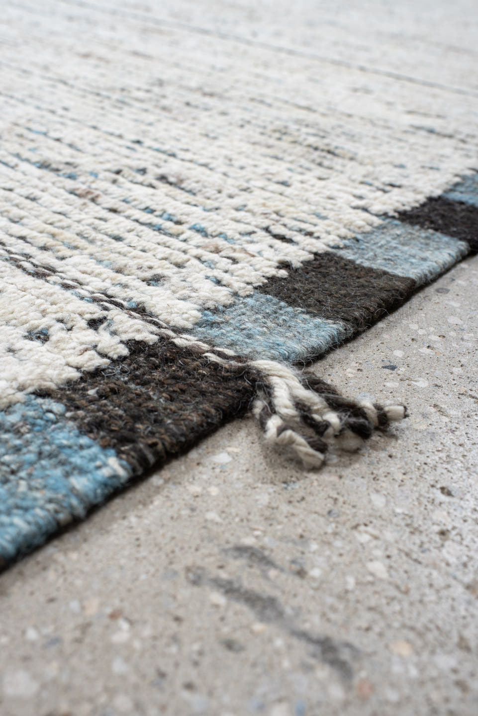 12' x 14' one-of-a-kind handmade vintage Tulu oversize rug. Color palette: ivory, charcoal, slate, sky_blue, gray, black