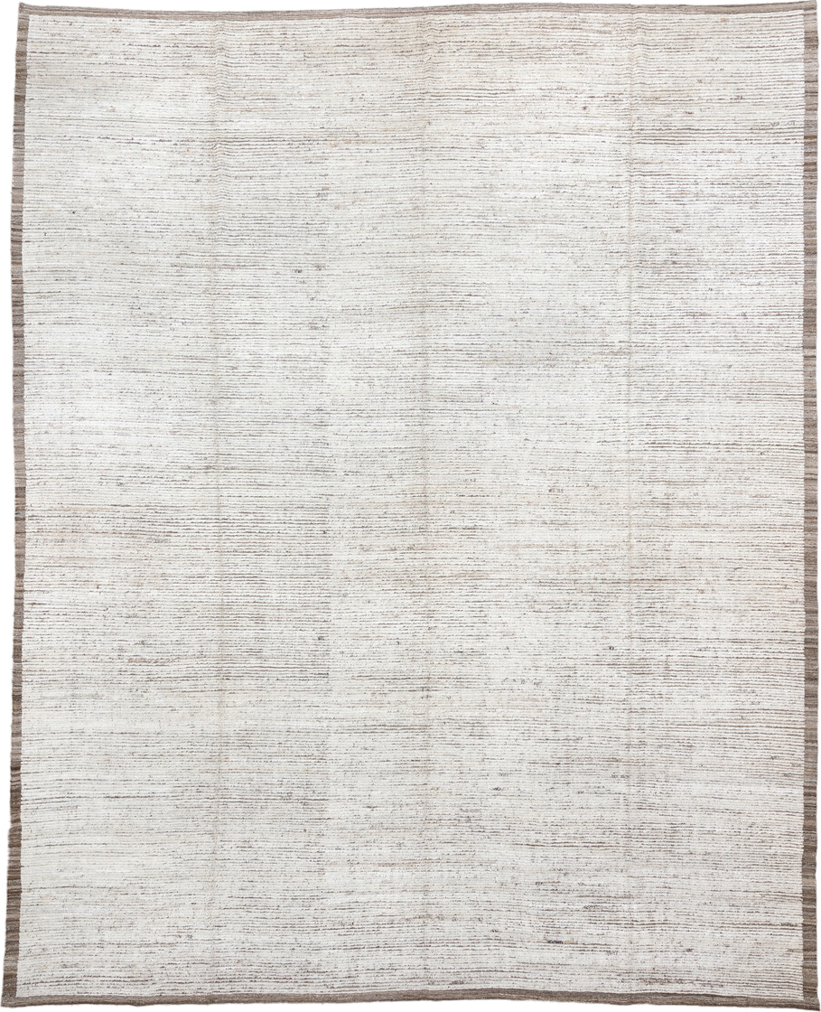 12' x 15' one-of-a-kind handmade vintage Tulu oversize rug. Color palette: ivory, taupe, beige, gray