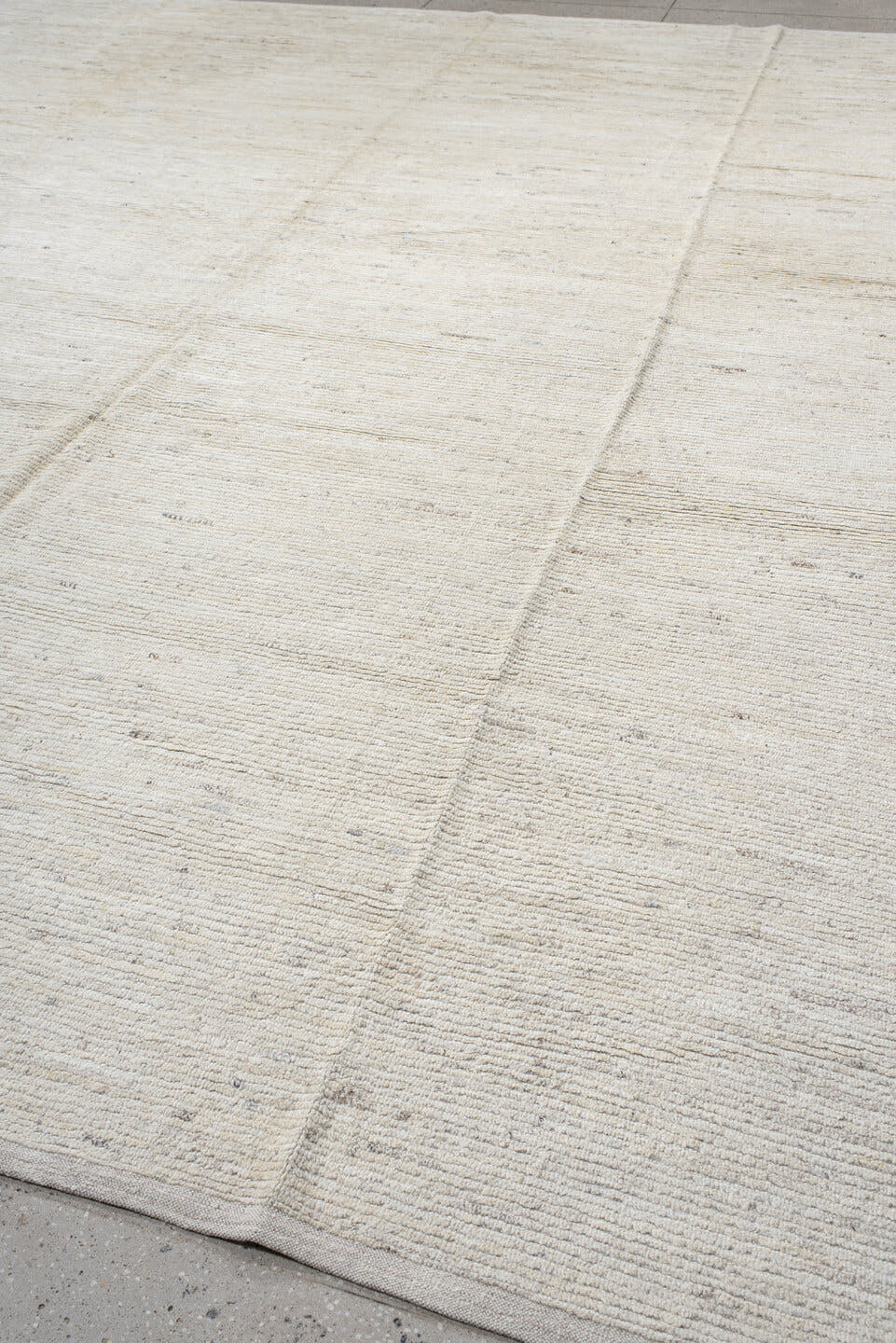 12' x 15' one-of-a-kind handmade vintage Tulu oversize rug. Color palette: ivory, cream, beige, taupe, light gray, gray