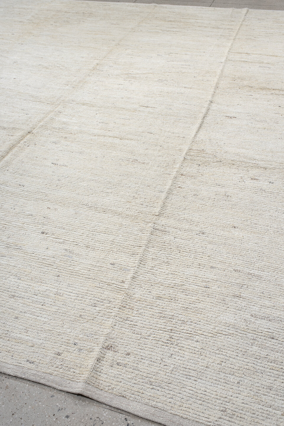 12' x 15' one-of-a-kind handmade vintage Tulu oversize rug. Color palette: ivory, cream, beige, taupe, light gray, gray