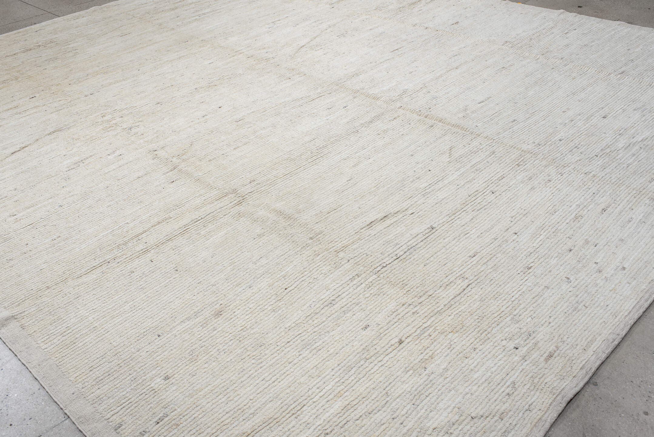 12' x 15' one-of-a-kind handmade vintage Tulu oversize rug. Color palette: ivory, cream, beige, taupe, light gray, gray