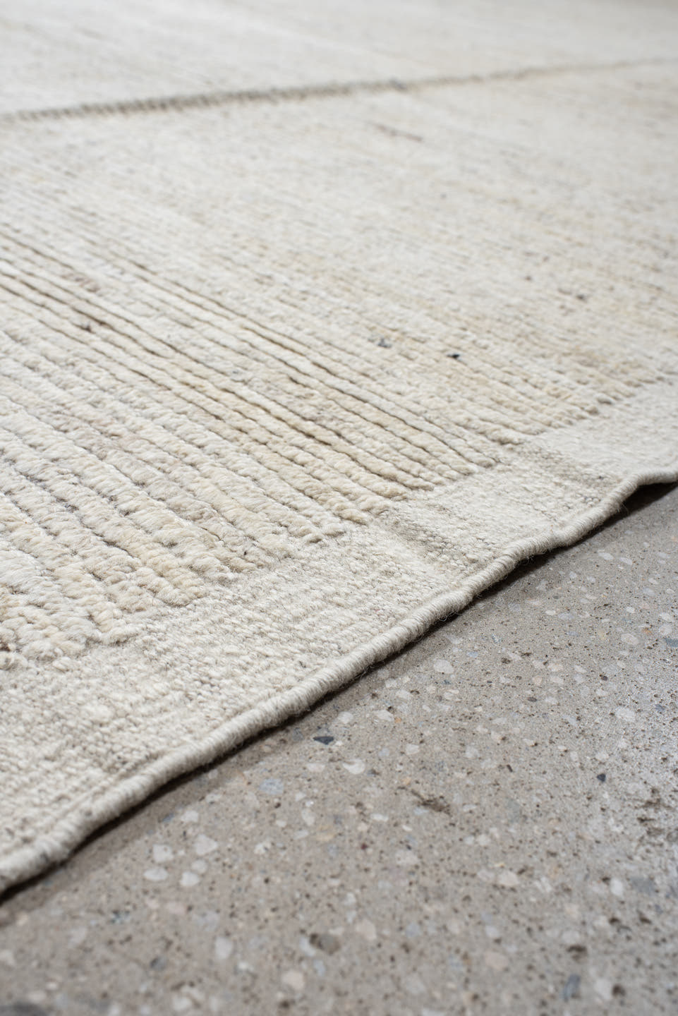 12' x 15' one-of-a-kind handmade vintage Tulu oversize rug. Color palette: ivory, cream, beige, taupe, light gray, gray