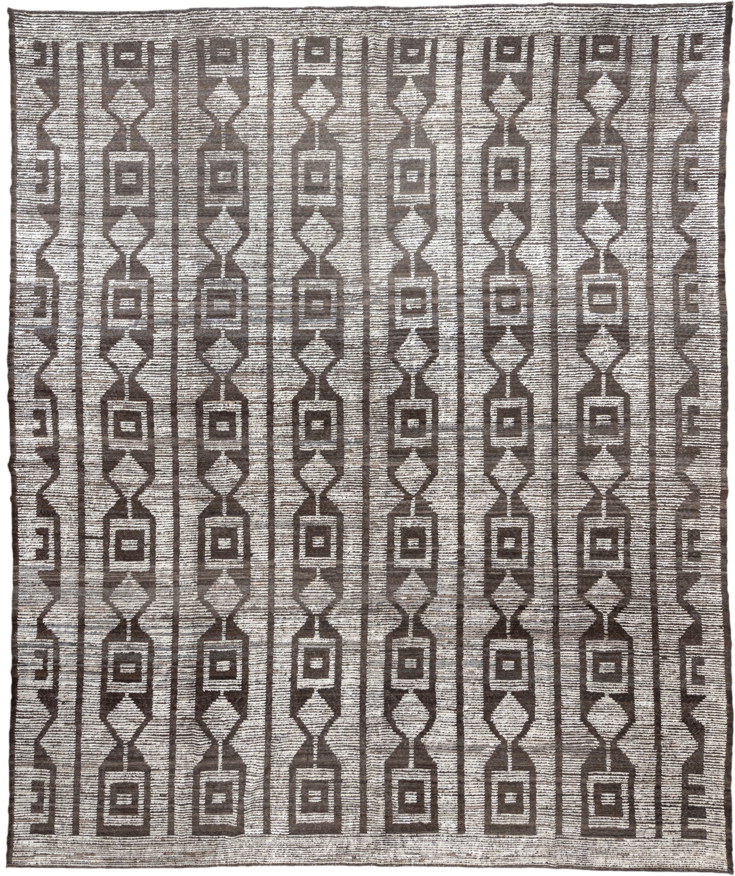 13' x 15' one-of-a-kind handmade vintage Tulu oversize rug. Color palette: ivory, brown, taupe, charcoal, beige, gray, black