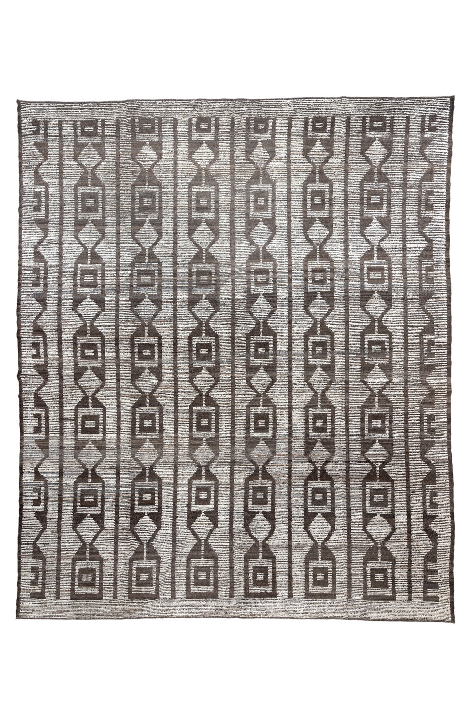 13' x 15' one-of-a-kind handmade vintage Tulu oversize rug. Color palette: brown, dark gray, dim gray, gainsboro, gray