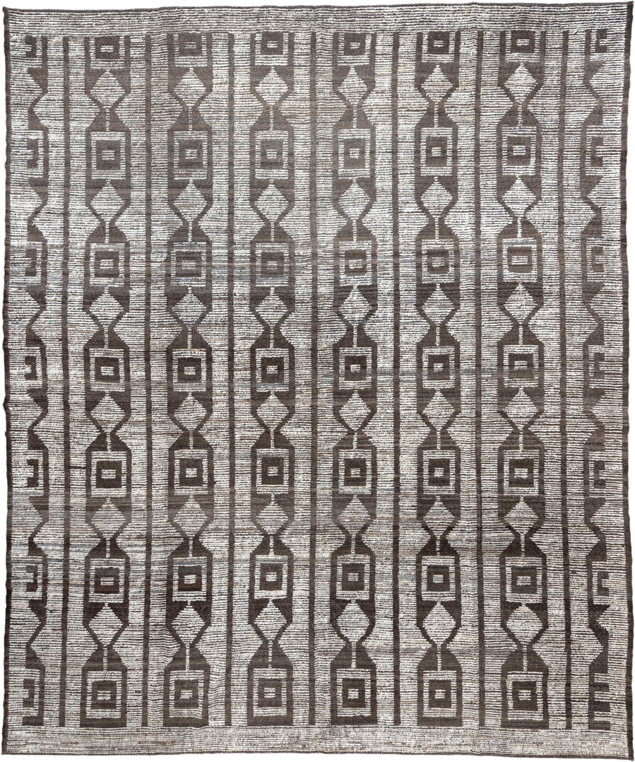 13' x 15' one-of-a-kind handmade vintage Tulu oversize rug. Color palette: ivory, brown, taupe, charcoal, beige, gray, black