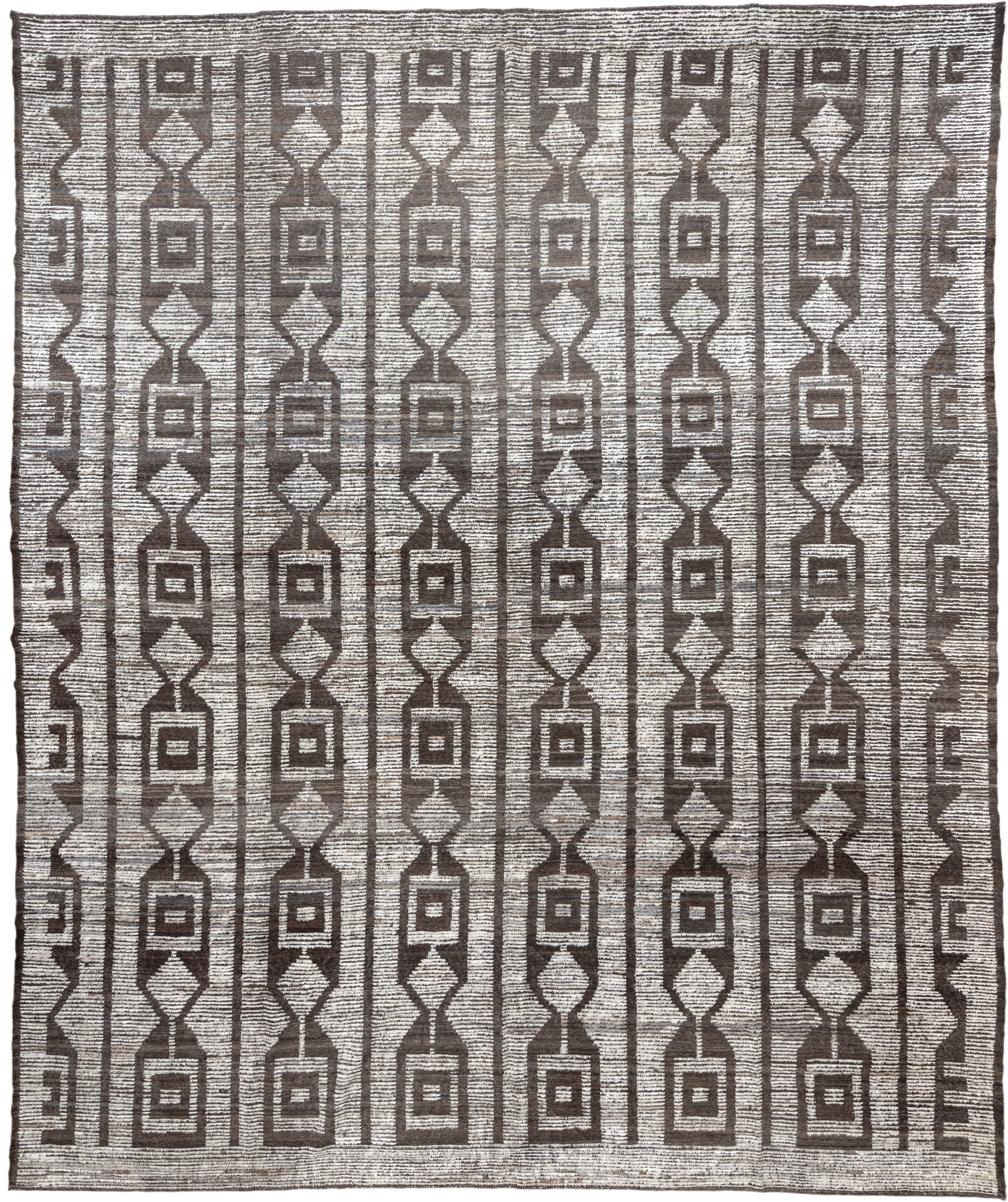 13' x 15' one-of-a-kind handmade vintage Tulu oversize rug. Color palette: ivory, brown, taupe, charcoal, beige, gray, black