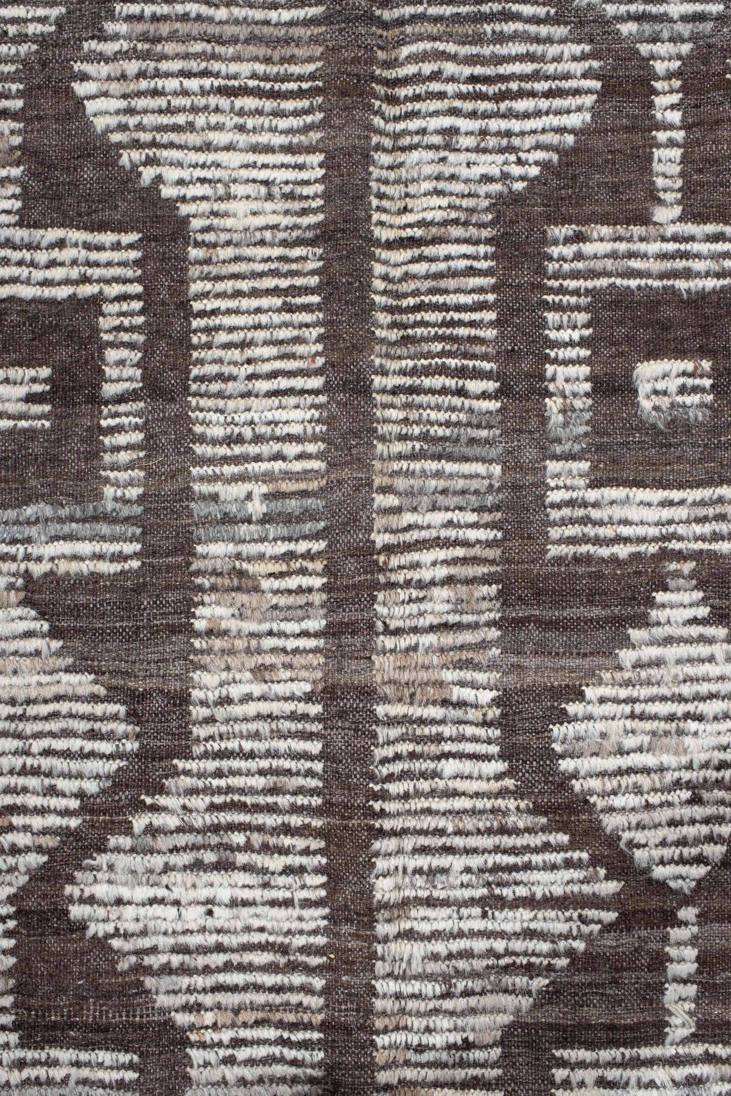 13' x 15' one-of-a-kind handmade vintage Tulu oversize rug. Color palette: ivory, brown, taupe, charcoal, beige, gray, black
