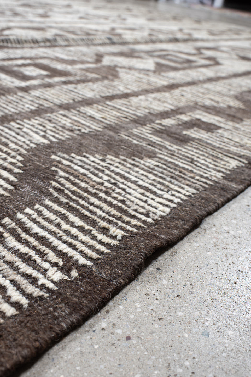 13' x 15' one-of-a-kind handmade vintage Tulu oversize rug. Color palette: ivory, brown, taupe, charcoal, beige, gray, black
