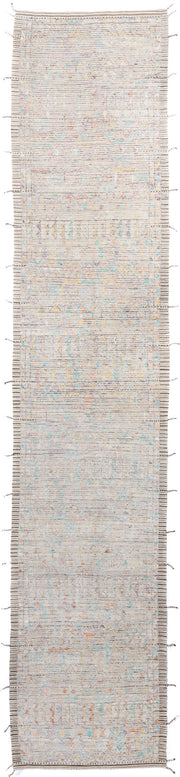 4' x 20' one-of-a-kind handmade vintage Tulu runner rug. Color palette: ivory, taupe, sky_blue, peach, gold, lavender, camel