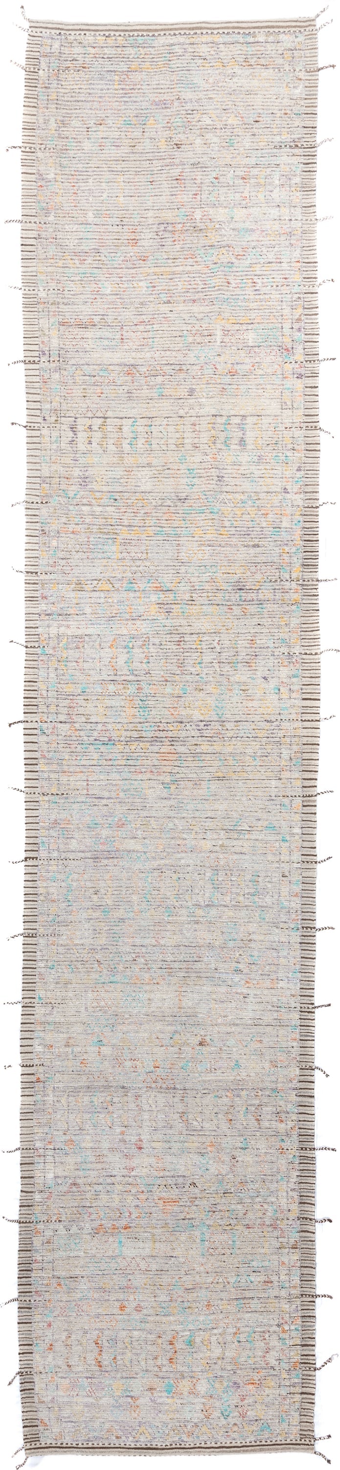 4' x 20' one-of-a-kind handmade vintage Tulu runner rug. Color palette: ivory, taupe, sky_blue, peach, gold, lavender, camel