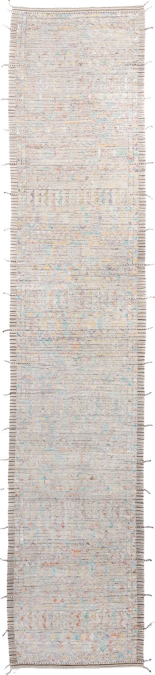 4' x 20' one-of-a-kind handmade vintage Tulu runner rug. Color palette: blue, brown, dark gray, gainsboro, gray, light gray