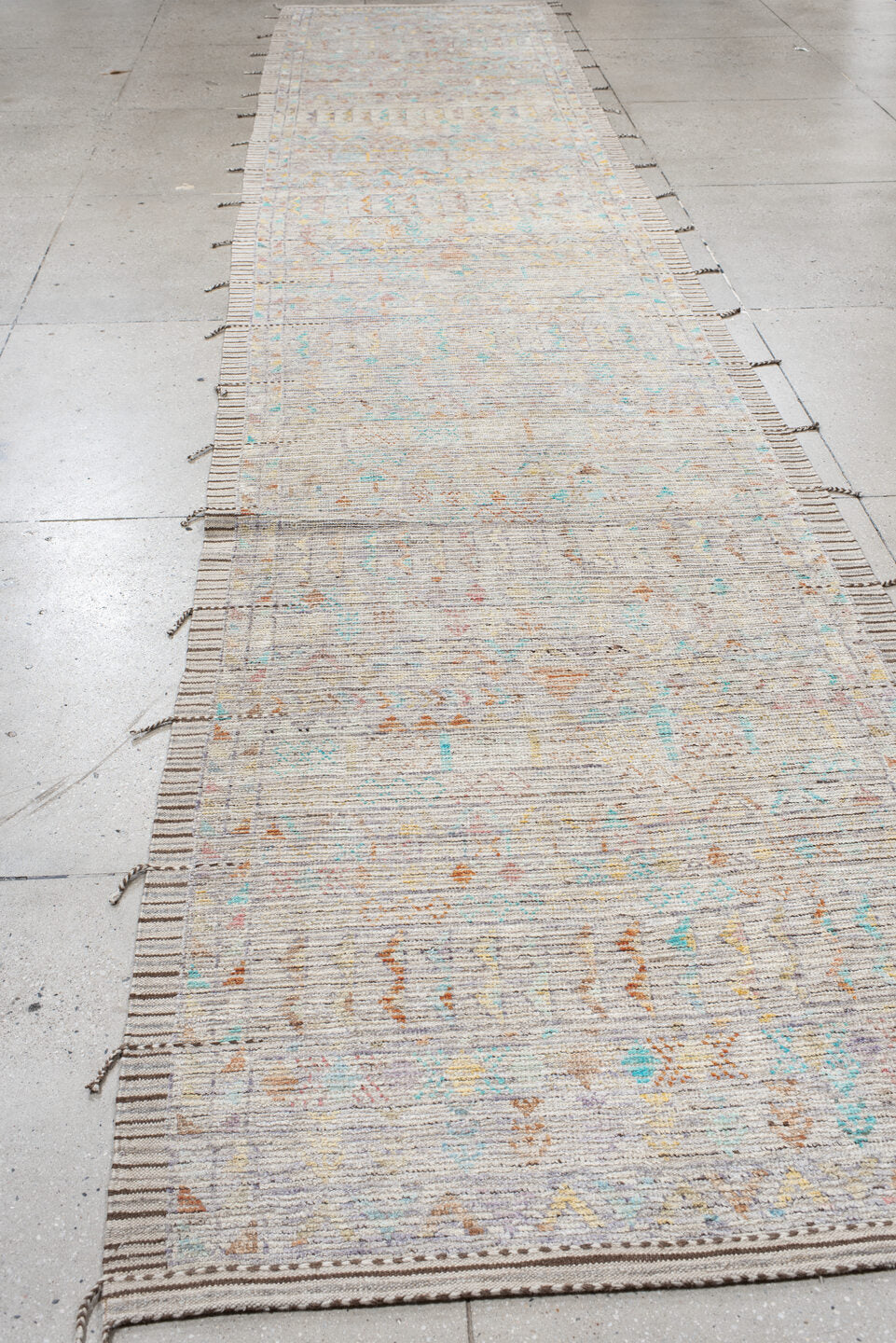 4' x 20' one-of-a-kind handmade vintage Tulu runner rug. Color palette: ivory, taupe, sky_blue, peach, gold, lavender, camel