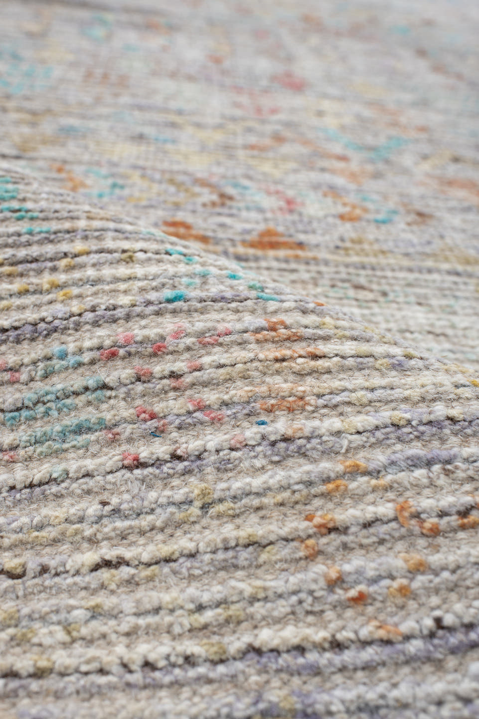 4' x 20' one-of-a-kind handmade vintage Tulu runner rug. Color palette: ivory, taupe, sky_blue, peach, gold, lavender, camel