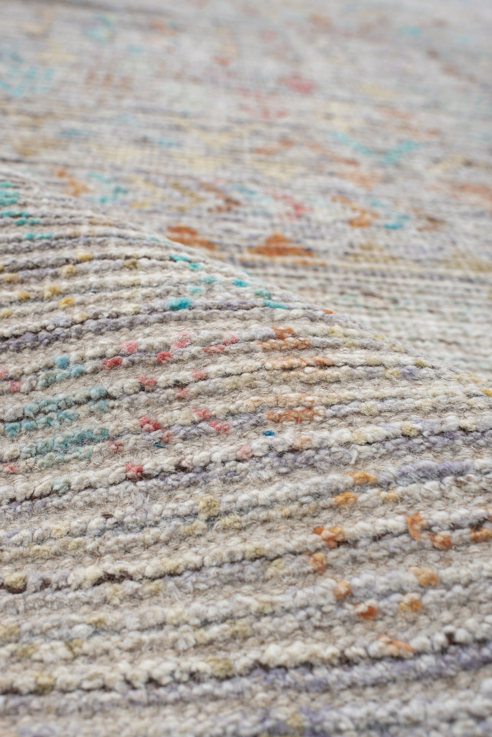 4' x 20' one-of-a-kind handmade vintage Tulu runner rug. Color palette: ivory, taupe, sky_blue, peach, gold, lavender, camel