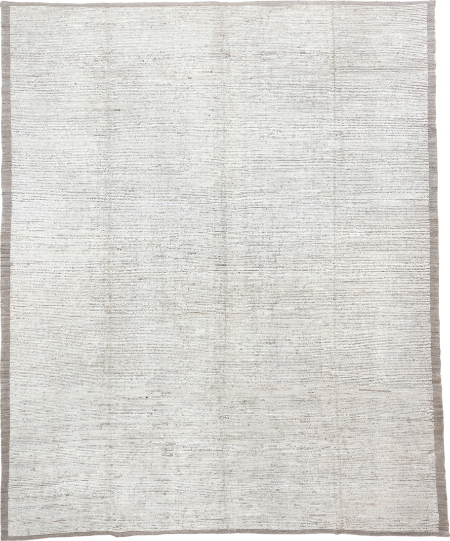 12' x 14' one-of-a-kind handmade vintage Tulu oversize rug. Color palette: ivory, taupe, cream, beige, gray