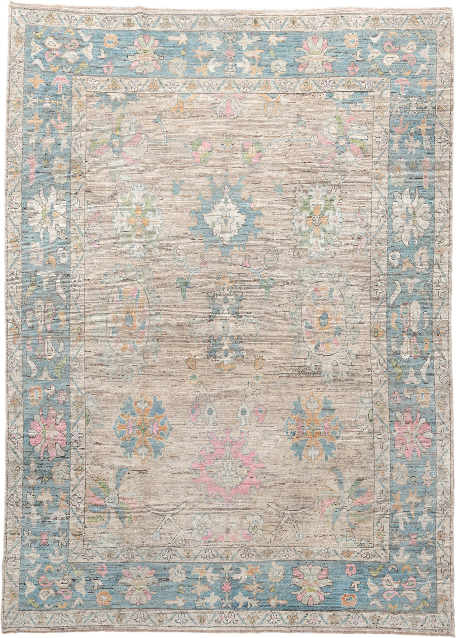 10' x 14' one-of-a-kind handmade vintage Oushak large size rug. Color palette: ivory, sky blue, pink, sage, gold, taupe