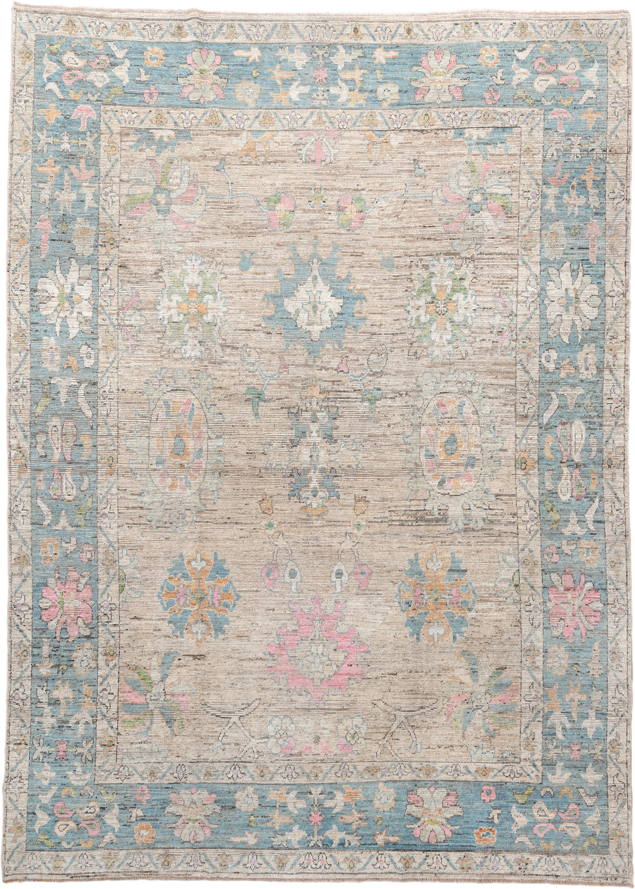 10' x 14' one-of-a-kind handmade vintage Oushak large size rug. Color palette: ivory, sky blue, pink, sage, gold, taupe