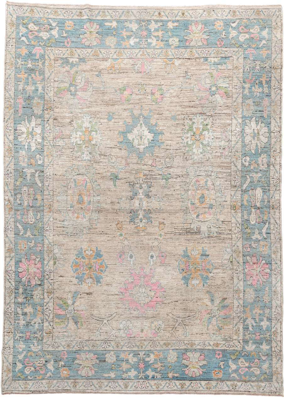 10' x 14' one-of-a-kind handmade vintage Oushak large size rug. Color palette: ivory, sky blue, pink, sage, gold, taupe