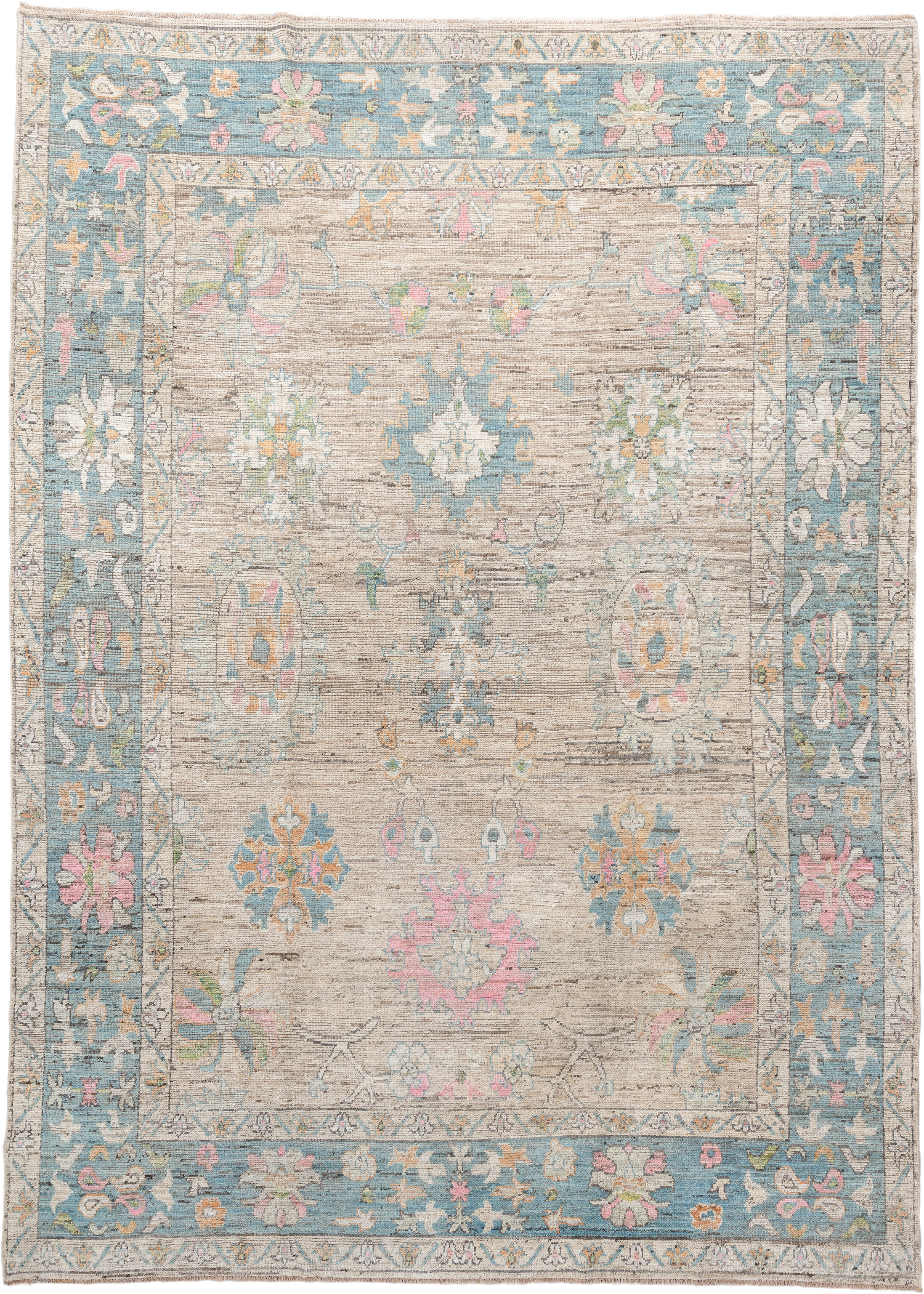 10' x 14' one-of-a-kind handmade vintage Oushak large size rug. Color palette: ivory, sky blue, pink, sage, gold, taupe