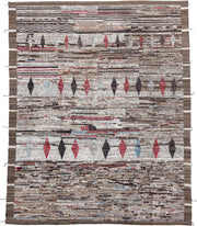 9' x 11' one-of-a-kind handmade vintage Tulu large size rug. Color palette: ivory, brown, charcoal, crimson, sky_blue, taupe