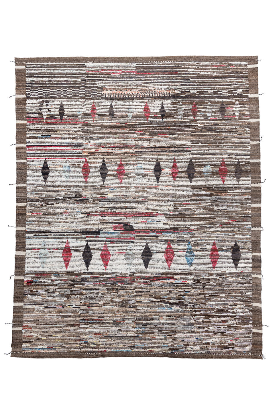 9' x 11' one-of-a-kind handmade vintage Tulu large size rug. Color palette: black, brown, gainsboro, gray, light gray, linen